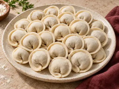 Домашние пельмени из свинины ручной лепки на тарелке