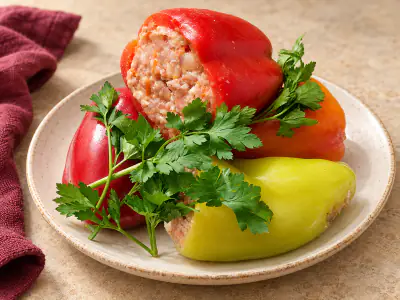 Сладкий перец, фаршированный мясом с рисом, с петрушкой