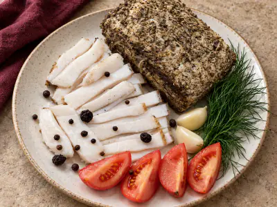 Солёное сало с перцем и чесноком, нарезанное ломтиками