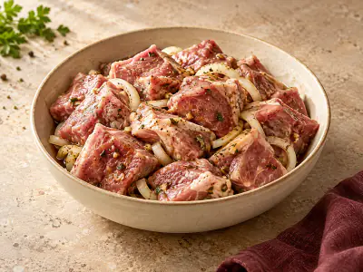 Маринованный шашлык из крестца с кольцами лука в миске